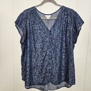 Liz Claiborne Women's XL Blue Navy Blue Button Closure Shirt Short Sleeve